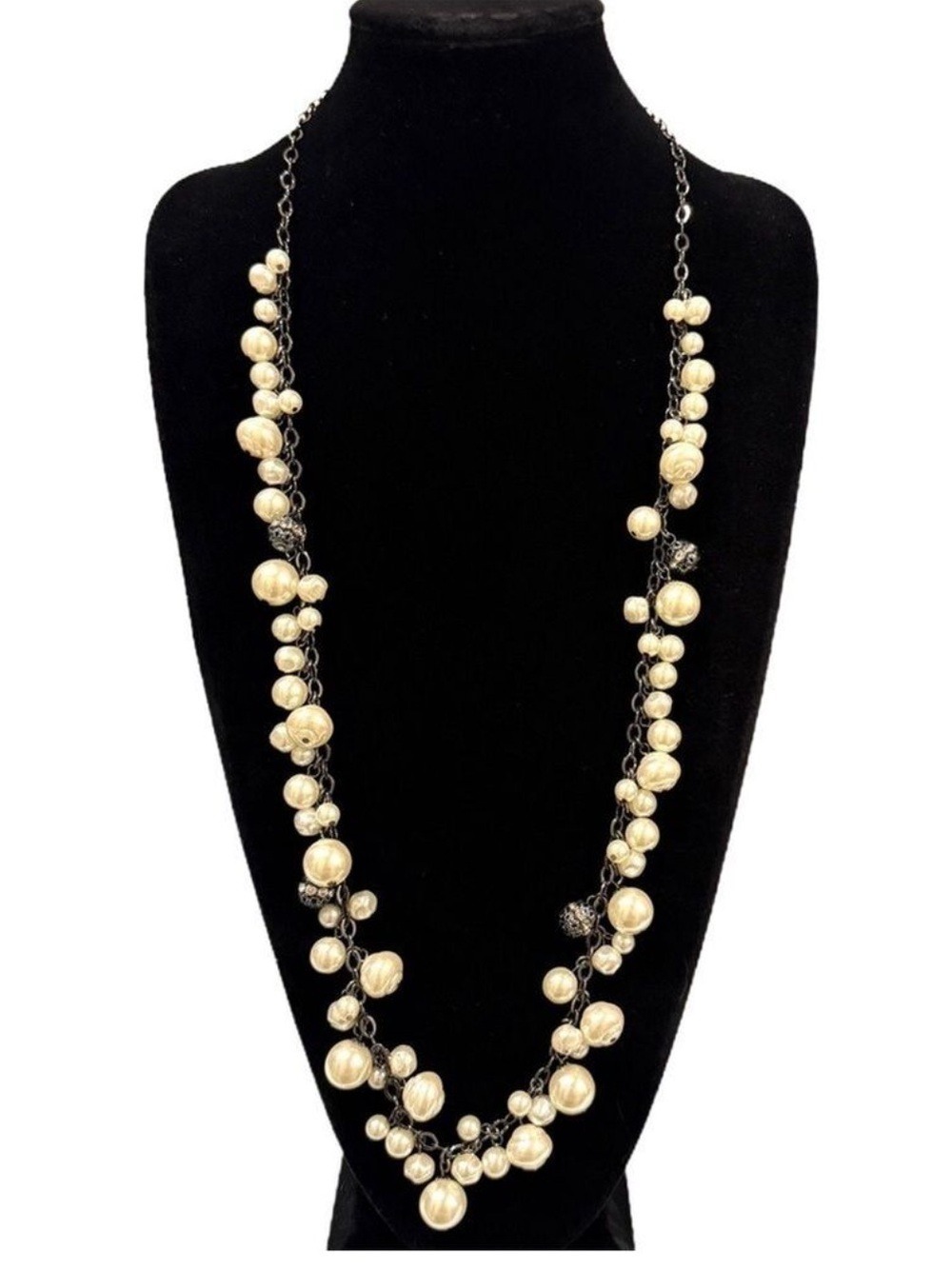 Chico's Gunmetal and Pearl Cluster Long Necklace New